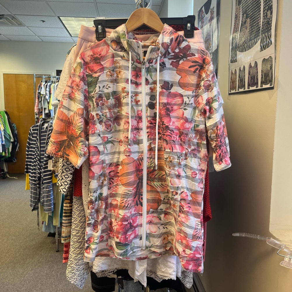 Onque Casuals Floral Hooded Jacket - Pink and White